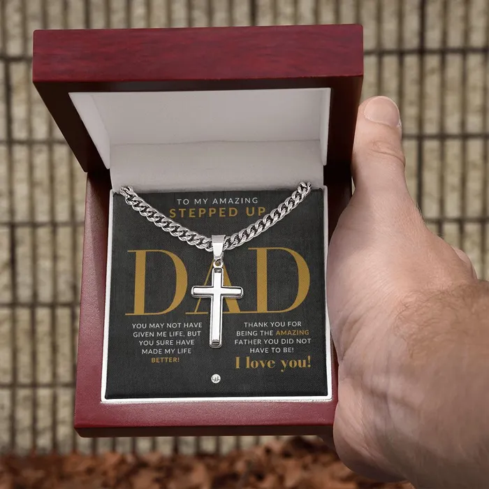 Stepped Up Dad Present Mens Chain with Engravable Cross Necklace Christian Jewelry For Dad For Fathers Day Christmas or His Birthday ShineOn Fulfillment Necklaces