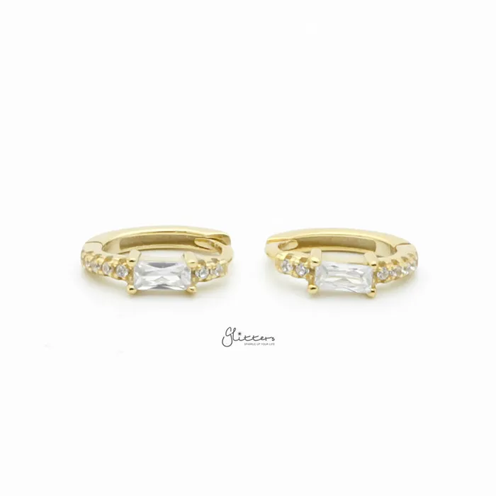 Sterling Silver Baguette CZ OneTouch Huggie Hoop Earrings Gold Glitters Earrings