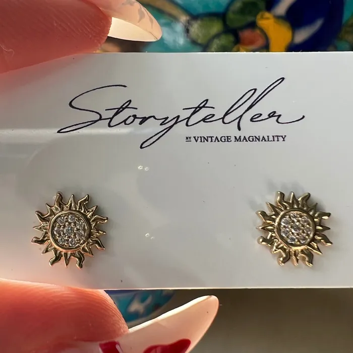 Storyteller by Vintage Magnality Earrings Celestial Sun Natural Diamond Stud Earrings Solid 14K Rose White Yellow Gold