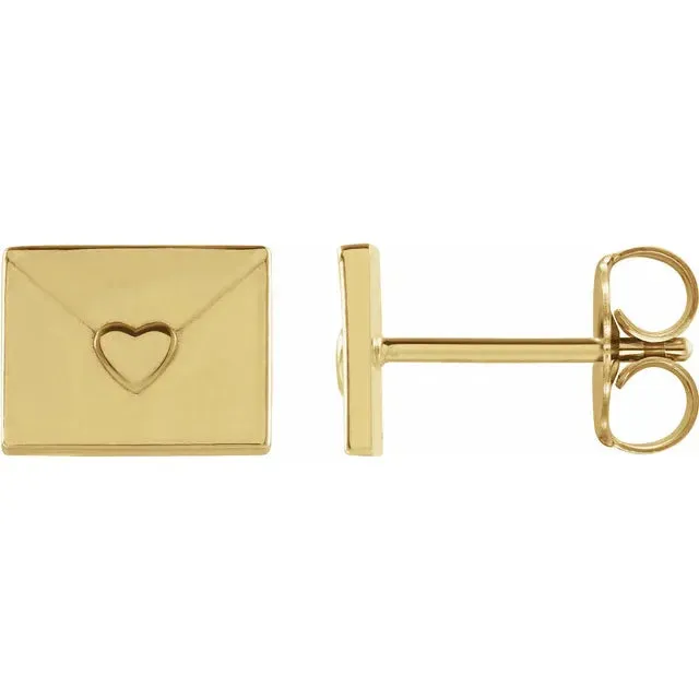 Storyteller by Vintage Magnality Earrings Send Your Love Heart Envelope Stud Earrings Solid 14K Rose White Yellow Gold or Silver