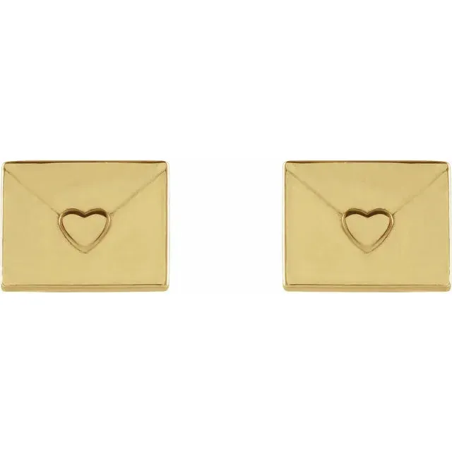Storyteller by Vintage Magnality Earrings Send Your Love Heart Envelope Stud Earrings Solid 14K Rose White Yellow Gold or Silver
