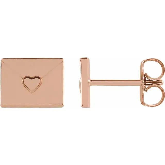 Storyteller by Vintage Magnality Earrings Send Your Love Heart Envelope Stud Earrings Solid 14K Rose White Yellow Gold or Silver