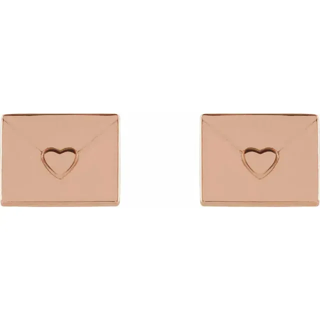 Storyteller by Vintage Magnality Earrings Send Your Love Heart Envelope Stud Earrings Solid 14K Rose White Yellow Gold or Silver