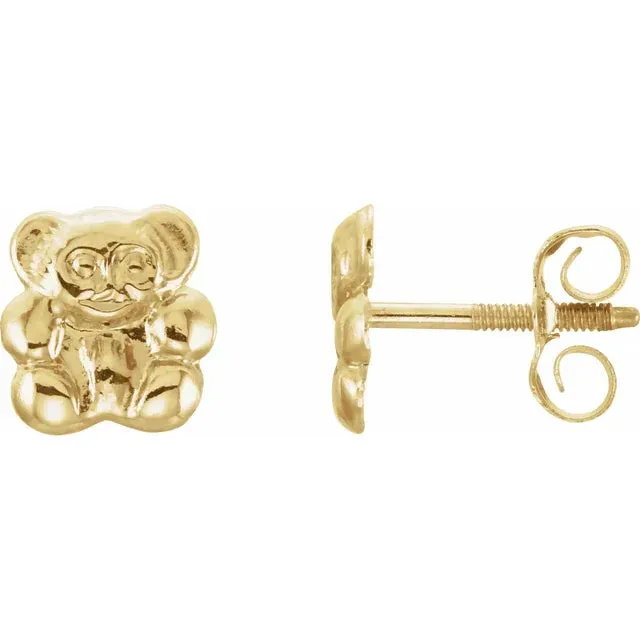 Storyteller by Vintage Magnality Youth Teddy Bear Stud Threaded Back Earrings Solid 14K Yellow Gold Earrings