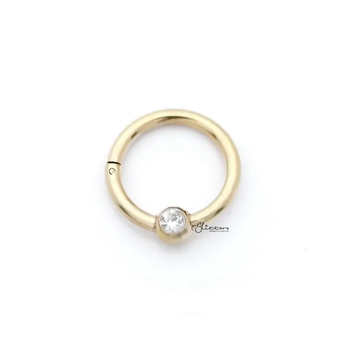Surgical Steel Hinged Segment Hoop Ring with Clear Gem Ball Gold Glitters Rings Surgical Steel Hinged Segment Hoop Ring with Clear Gem Ball Gold Glitters Rings