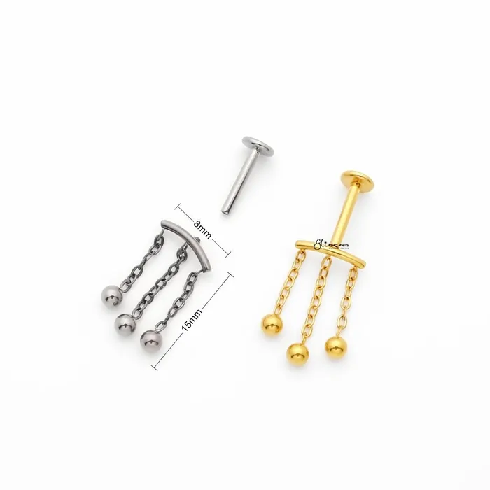 Titanium Curved Bar with 3 Balls Dangle Top Flat Back Stud Earrings Glitters Earrings