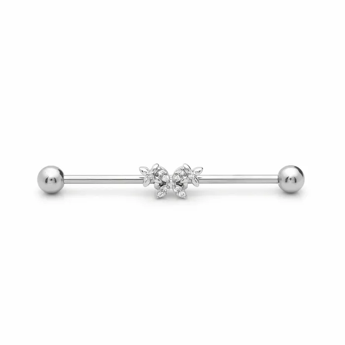 Triple Butterfly Industrial Barbell Silver Glitters Earrings