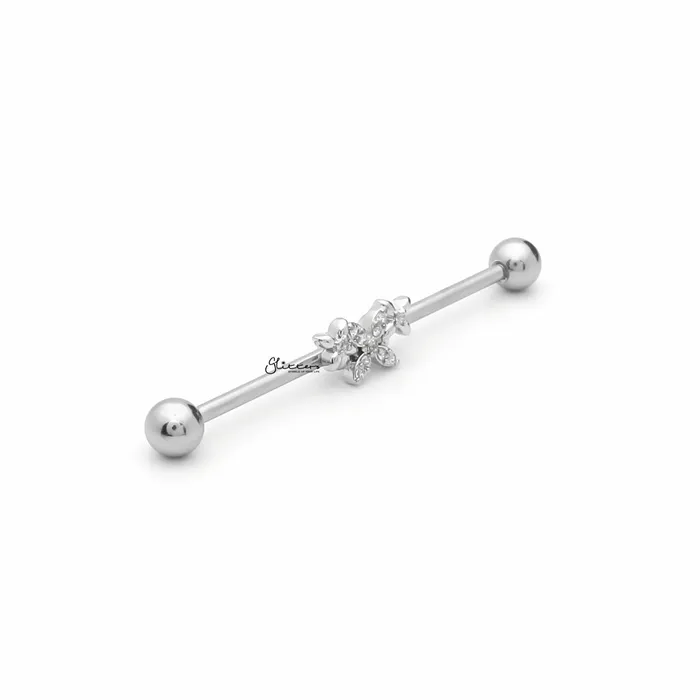 Triple Butterfly Industrial Barbell Silver Glitters Earrings