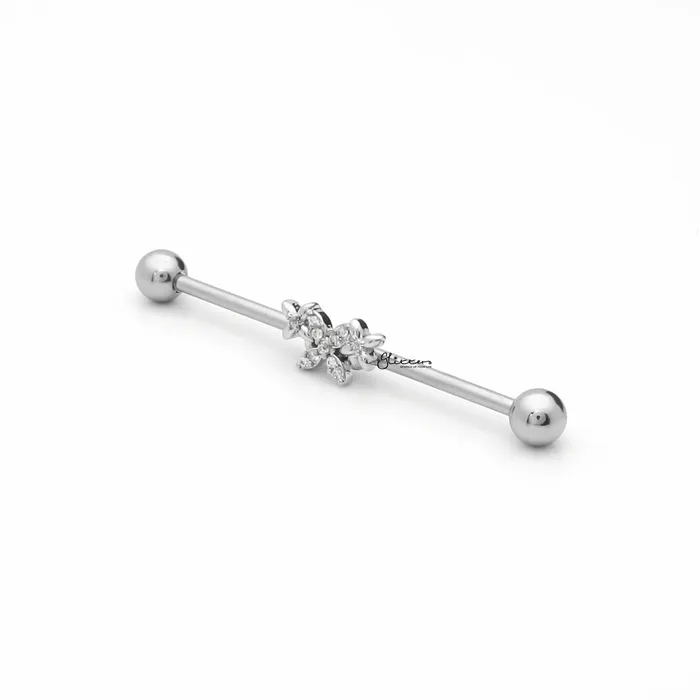Triple Butterfly Industrial Barbell Silver Glitters Earrings