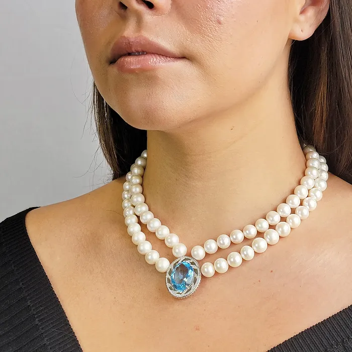 Uniquelan Jewelry Necklaces Swiss Blue Topaz and Pearl Necklace