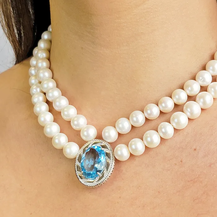 Uniquelan Jewelry Necklaces Swiss Blue Topaz and Pearl Necklace