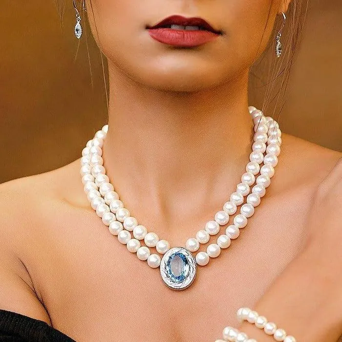 Uniquelan Jewelry Necklaces Swiss Blue Topaz and Pearl Necklace