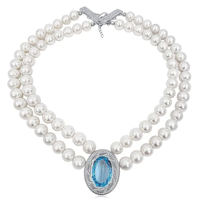 Uniquelan Jewelry Necklaces Swiss Blue Topaz and Pearl Necklace