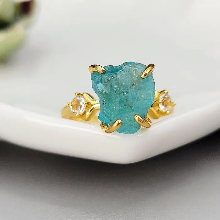 Uniquelan Jewelry Raw Apatite Statement Ring Rings