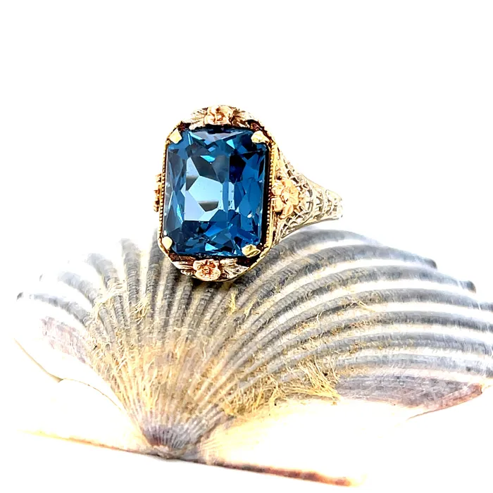 Vintage 1930s LabGrown Spinel 14K White Gold Ring With Rose Yellow Gold Accents Vintage Magnality Rings