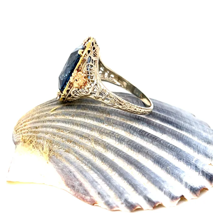 Vintage 1930s LabGrown Spinel 14K White Gold Ring With Rose Yellow Gold Accents Vintage Magnality Rings