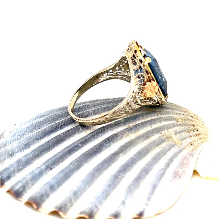 Vintage 1930s LabGrown Spinel 14K White Gold Ring With Rose Yellow Gold Accents Vintage Magnality Rings