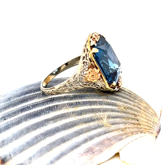 Vintage 1930s LabGrown Spinel 14K White Gold Ring With Rose Yellow Gold Accents Vintage Magnality Rings