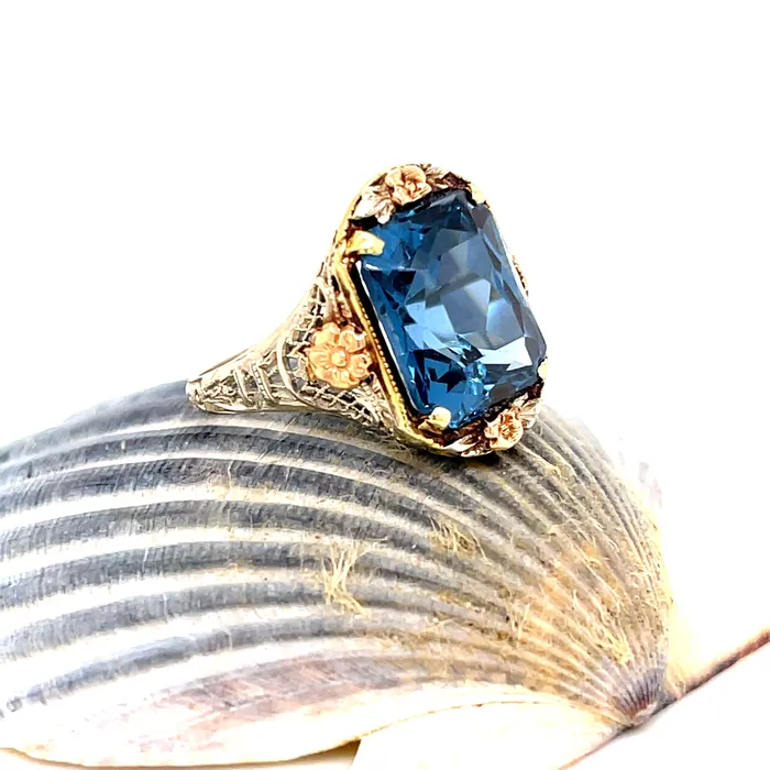 Vintage 1930s LabGrown Spinel 14K White Gold Ring With Rose Yellow Gold Accents Vintage Magnality Rings