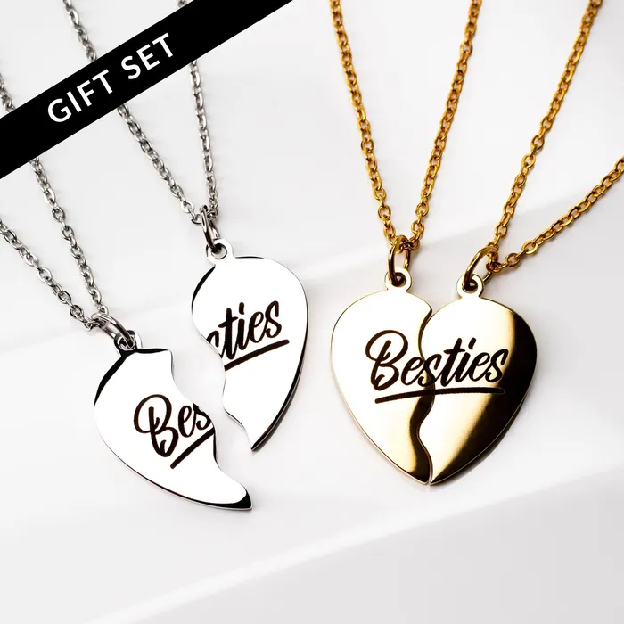 Waterproof Besties Split Heart BFF Engraved Pendant Necklace Set Grayling Necklaces