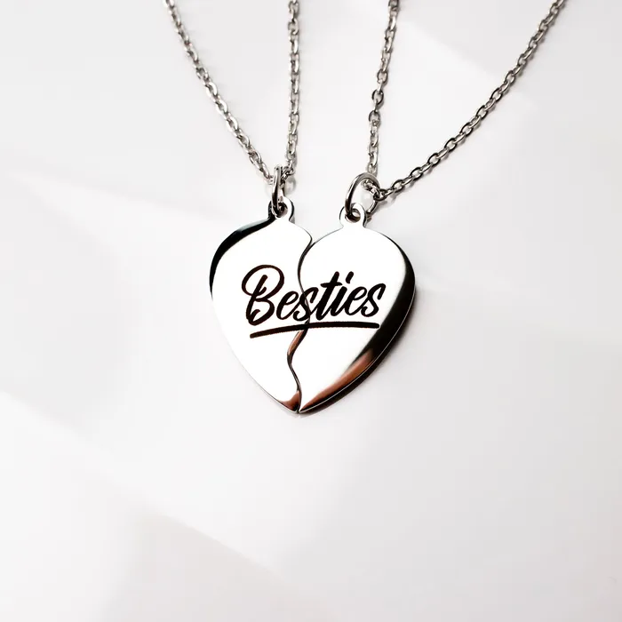 Waterproof Besties Split Heart BFF Engraved Pendant Necklace Set Grayling Necklaces