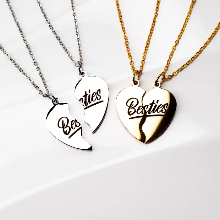 Waterproof Besties Split Heart BFF Engraved Pendant Necklace Set Grayling Necklaces