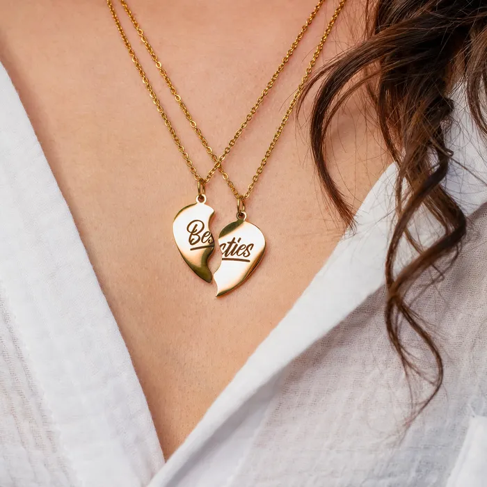 Waterproof Besties Split Heart BFF Engraved Pendant Necklace Set Grayling Necklaces