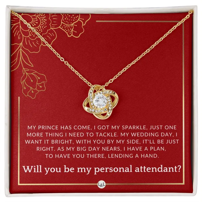 Wedding Personal Attendant Proposal Will You Be My Helper Bridal Concierge Lady in Waiting Necklace Red and Gold Wedding Theme ShineOn Fulfillment Necklaces